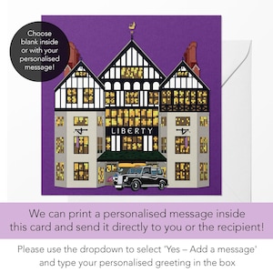 Carte Liberty London, cartes de voeux britanniques, carte d'anniversaire à Londres, carte Liberty, création de cartes Londres, carte sur le thème de Londres, carte de correspondance Liberty