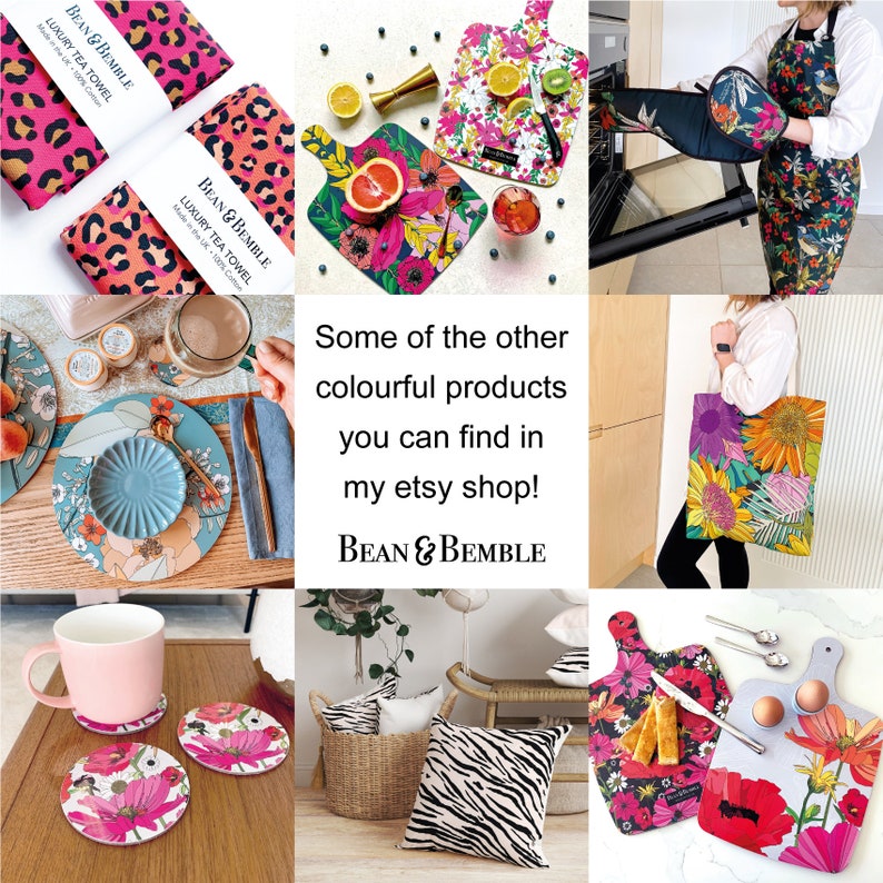 May include: A collage of colorful home goods featuring floral and animal print designs. The products include tea towels, cutting boards, tote bags, coasters, and throw pillows. The text "Some of the other colorful products you can find in my etsy shop! Bean & Bemble" is displayed in the center of the image.
