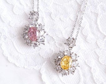 Cubic Zirconia Necklace, Silver Pendant Necklace with CZ diamond, pendant necklaces, diamond pendant rose or yellow, wedding gift, lab grown