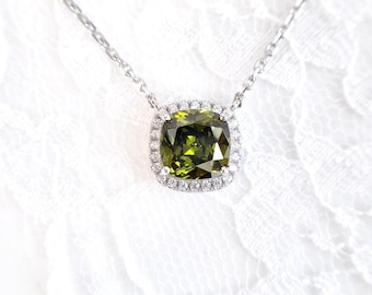 Peridot Necklace, Silver pendant necklace with green peridot gemstone in cushion cut and white zircon halo, August birthstone jewelry