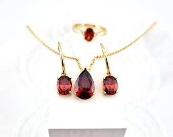 Garnet Jewelry Set - Red Garnet ring, Garnet Earrings, red pendant necklace, red jewelry set, Granat Ohrringe, Jewelry gift, jewellery