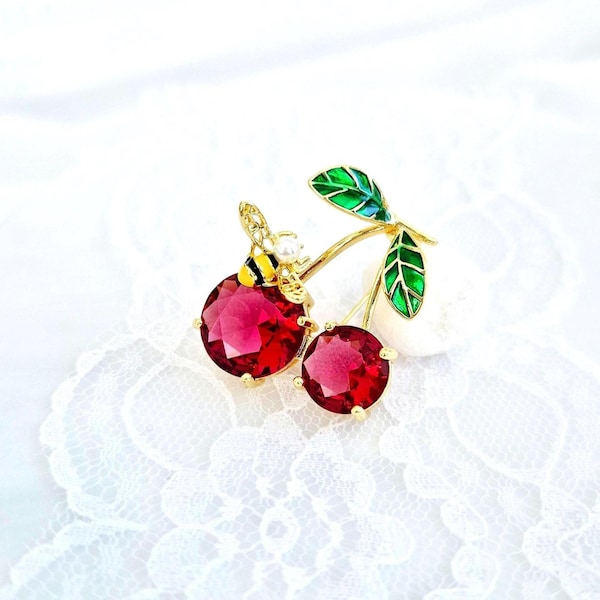 Cherry Brooch, red broach, elegant floral brooch, jewelry gift for her, gold plated, Mother's Day jewellery present, Cubic Zirconia, for mom
