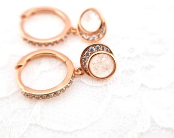 Moonstone earrings, rose gold plated 925 sterling silver, hoop earrings