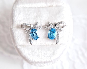 Bow Earrings, Sterling Silver Stud Earrings with Blue Topaz, Minimalist Earrings, Gift for Her, Bridesmaid Gift, Wedding Earrings, studs