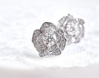 Moissanite stud earrings, silver earrings in rose flower design with moissanite gemstones, elegant earrings for her, diamond studs, earrings