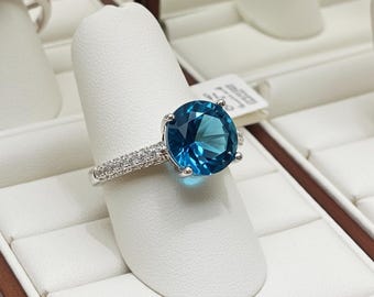 London Blue Topaz Ring, silver ring with blue gemstone, rhodium plated