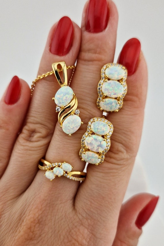 White Opal Jewelry set Opal Ring Opal Earrings Opal pendant necklace Weiss Opal Schmuckset gold plated silver set gift for her jewelry