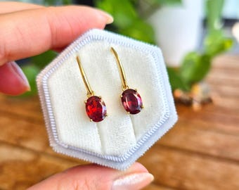 Garnet Earrings, red gemstone dangle earrings, anniversary gift for her, gold plated silver jewelry, red stone jewellery, bridesmaid present