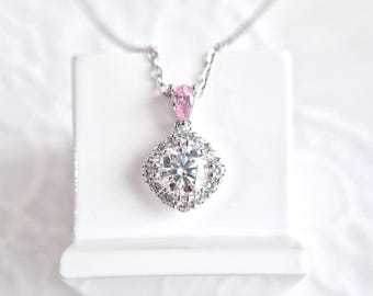 Moissanite Necklace - Silver pendant necklace with 1ct diamond imitation stone, rhodium plated 925 sterling silver jewelry, gift for her
