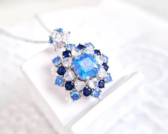 Silver Necklace with blue Zirconia, Zirconia necklace, snow flake pendant necklace, statement necklace, stunning sophisticated jewelry