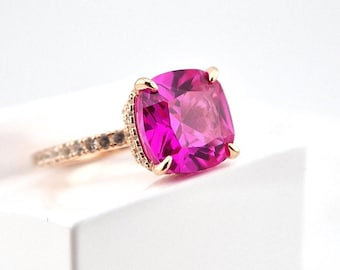 pink sapphire ring, rose gold plated silver ring with hot pink sapphire gemstone