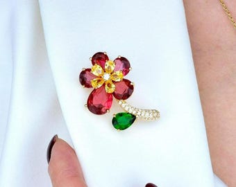 Brooch - Red Flower Broach, jewelry gift for her, birthday jewellery present, gold-plated with cubic zirconia stones