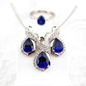 Sapphire Jewelry set, silver jewellery with royal blue sapphire, Ring, earrings, necklace