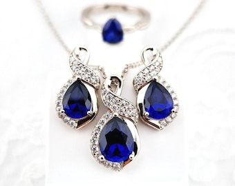 Sapphire Jewelry set, silver jewellery with royal blue sapphire, Ring, earrings, necklace