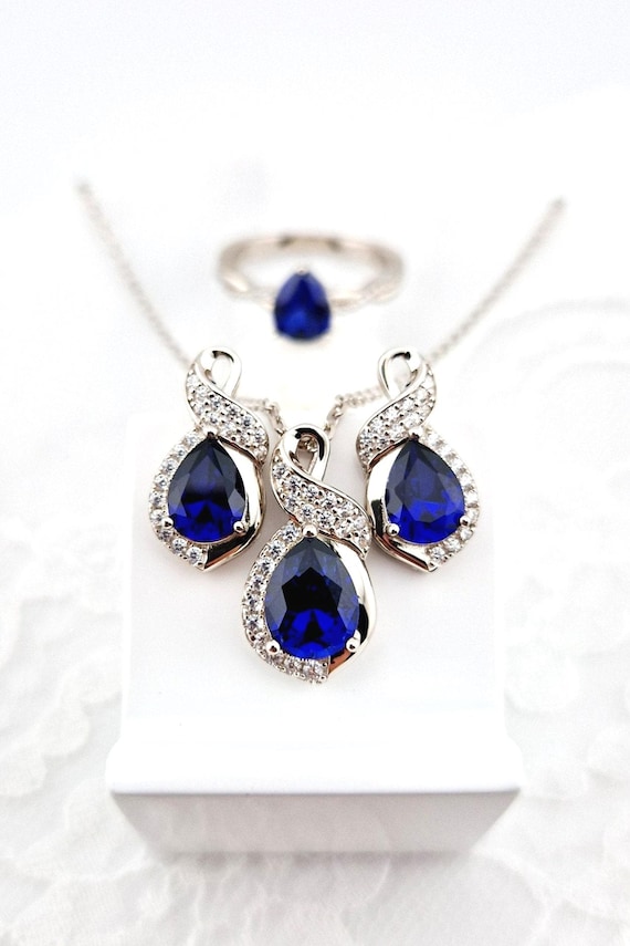 Sapphire Jewelry set, silver jewellery with royal blue sapphire, Ring, earrings, necklace