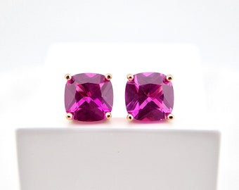 Rosa Saphir Ohrringe Rosegold, Hot Pink Sapphire Earrings rose gold plated, Silber Ohrstecker mit Saphir Edelstein Ohrringe, Saphir Schmuck