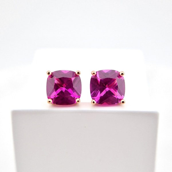 Rosa Saphir Ohrringe Rosegold, Hot Pink Sapphire Earrings rose gold plated, Silber Ohrstecker mit Saphir Edelstein Ohrringe, Saphir Schmuck