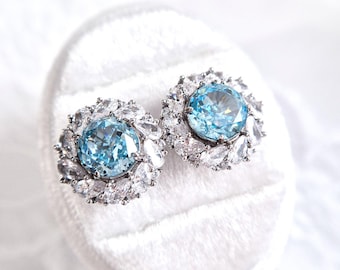 Zirconia earrings, blue ice cz, silver earrings, stud earrings wit dimaond imitation in blue and transparent, elegant earrings, cz earrings