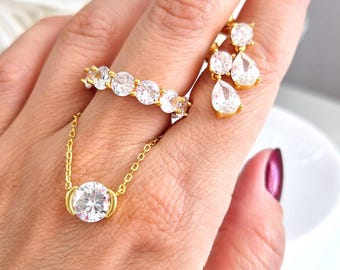 Cubic Zirconia Jewelry Set, gold-plated jewellery set with CZ stones, Schmuckset, golden jewelry, goldener Schmuck, parure de bijoux plaqué