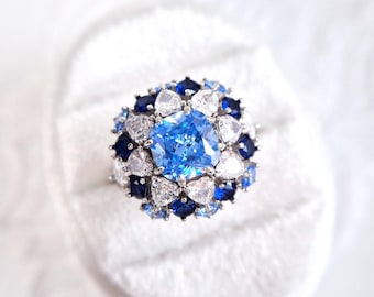 Blue Zirconia Ring, silver ring with blue stones, CZ Ring, statement ring, bold ring jewelry for her, bold blue CZ ring in sterling silver