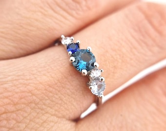 Silver ring with blue stones: London blue topaz, aquamarine, Sapphire and white zircon, cluster gemstone something blue jewelry gift for her