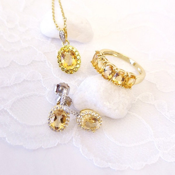 Citrine Jewelry Set - Citrin earrings, Pendant necklace, yellow Citrine Ring, elegantes Citrin Schmuckset, girlfriend gemstone jewelry gift