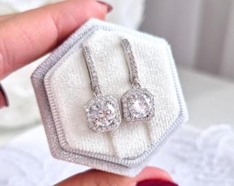 Silver earrings with cubic zirconia, elegant mini hoops with clear stones, jewelry gift idea for her, anniversary gift dangle huggies, woman