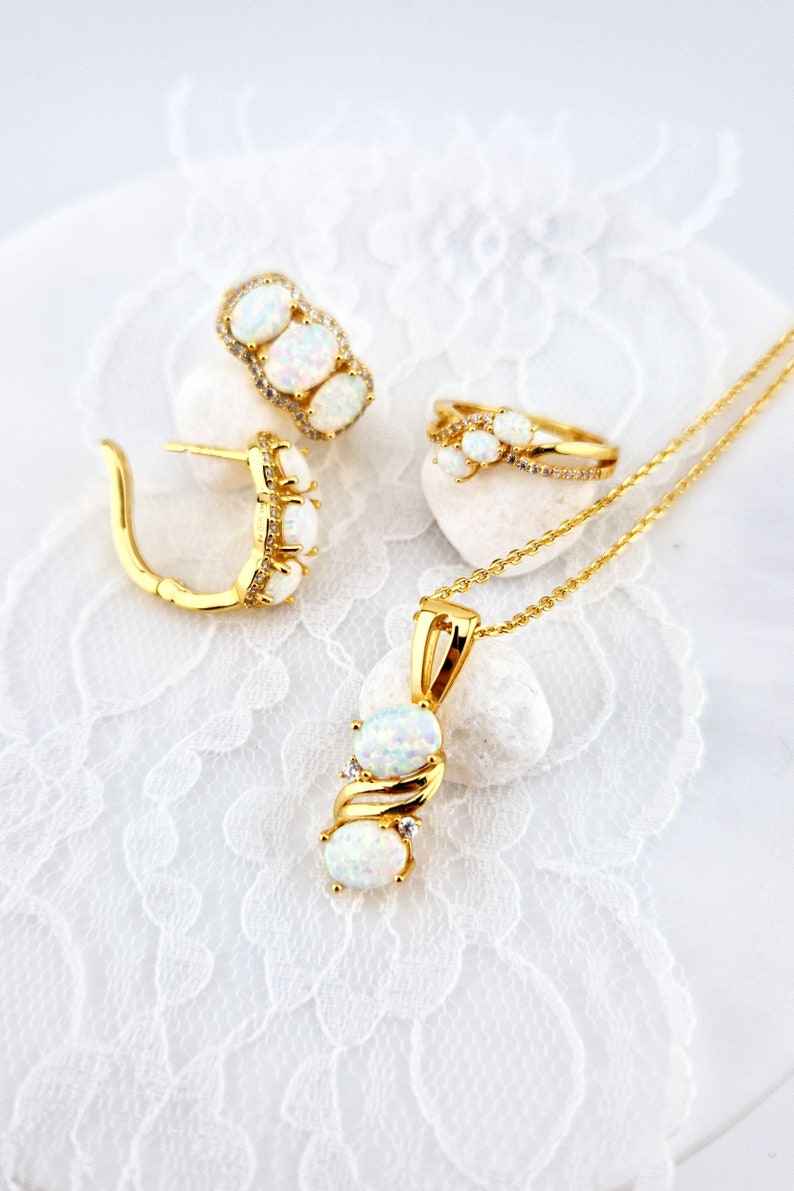 White Opal Jewelry set - Opal Ring, Opal Earrings, Opal pendant necklace, Weiss Opal Schmuckset, gold plated silver set gift for her jewelry bild 5