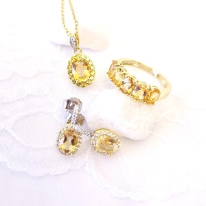 Citrine Jewelry Set - earrings, Pendant necklace, Ring, gold plated 925 sterling silver