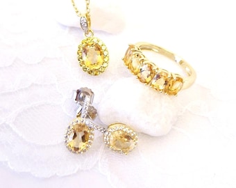 Citrine Jewelry Set - earrings, Pendant necklace, Ring, gold plated 925 sterling silver