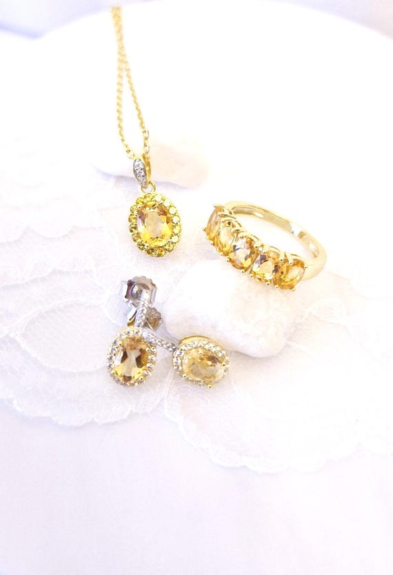 Citrine Jewelry Set - earrings, Pendant necklace, Ring, gold plated 925 sterling silver