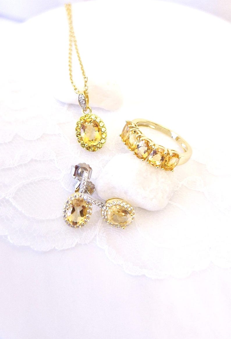 Citrine Jewelry Set - earrings, Pendant necklace, Ring, gold plated 925 sterling silver