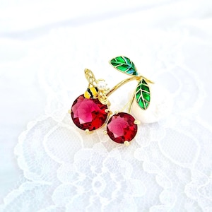 Cherry Brooch: 18K Gold-Plated Brass, Red CZ & Bee Broach