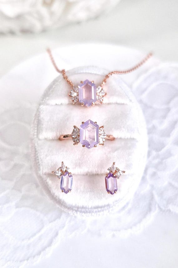Lavender Quartz Jewelry Set, Rose Gold silver jewellery, Earrings, Necklace, Ring