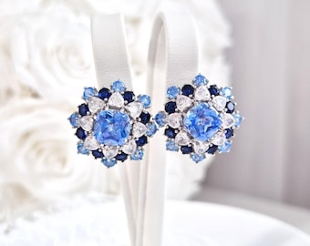 Silver Earrings, Blue Cubic Zirconia earrings, Statement earrings in snowflake design with blue CZ diamond imitation, unique earrings