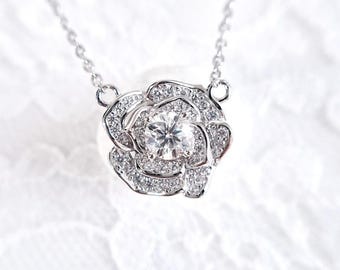 Moissanite Necklace, Silver pendant necklace with rose flower style moissanite pendant, elegant necklace, 925 sterling silver jewelry