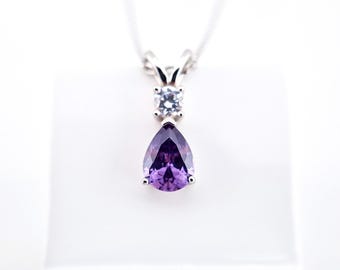 Amethyst necklace, pendant necklace, Amethyst Pendant Necklace, Sterling Silver Necklace with Lab Grown Amethyst and White Zircon