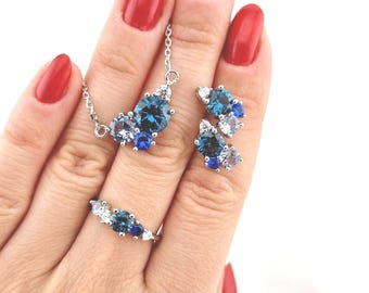 Sterling Silver Blue Gemstone Jewelry Set, London Blue Topaz, Aquamarine, Sapphire, Zircon