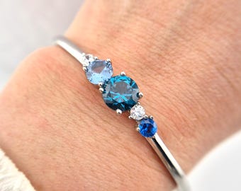 London Blue Topaz Bracelet, 925 Sterling Silver Bangle Aquamarine, Sapphire and Topaz, Something Blue gift, wedding gemstone jewelry for her