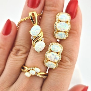 White Opal Jewelry set - Opal Ring, Opal Earrings, Opal pendant necklace, Weiss Opal Schmuckset, gold plated silver set gift for her jewelry bild 1