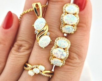 White Opal Jewelry set - Opal Ring, Opal Earrings, Opal pendant necklace, Weiss Opal Schmuckset, gold plated silver set gift for her jewelry