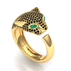Panther Ring, Tiger Ring, Jaguar Ring, Leopard Ring, Animal Jewelry, Natural Black Diamond Ring, Emerald Eyes Panther Rings, Handmade Ring