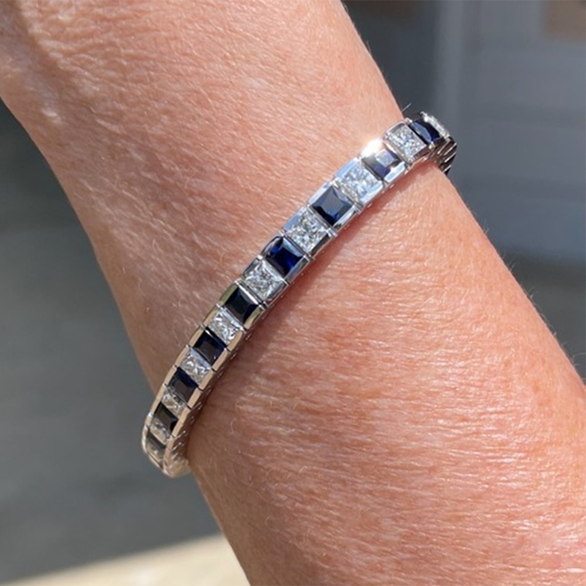 Weiß Blau Opal Slider Tennis Armband .925 Sterling Silber