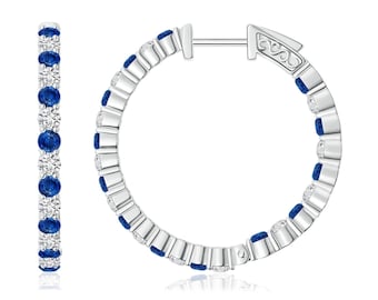 Blue Sapphire Hoop Earrings: Sterling Silver, Round Topaz Accent