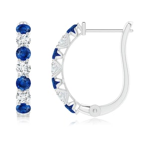 Blue Sapphire earring, white topaz huggie hoop earring, blue sapphire earring, 925 sterling silver earring, hoop earring, Handmade Earring