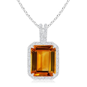 Emerald-Cut Citrine Halo Pendant: 925 Sterling Silver Necklace