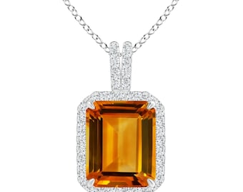 Colgante con halo de citrino talla esmeralda: Collar de plata de ley 925