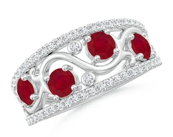 Anello in filigrana con rubino e topazio ispirato alla natura, argento sterling 925