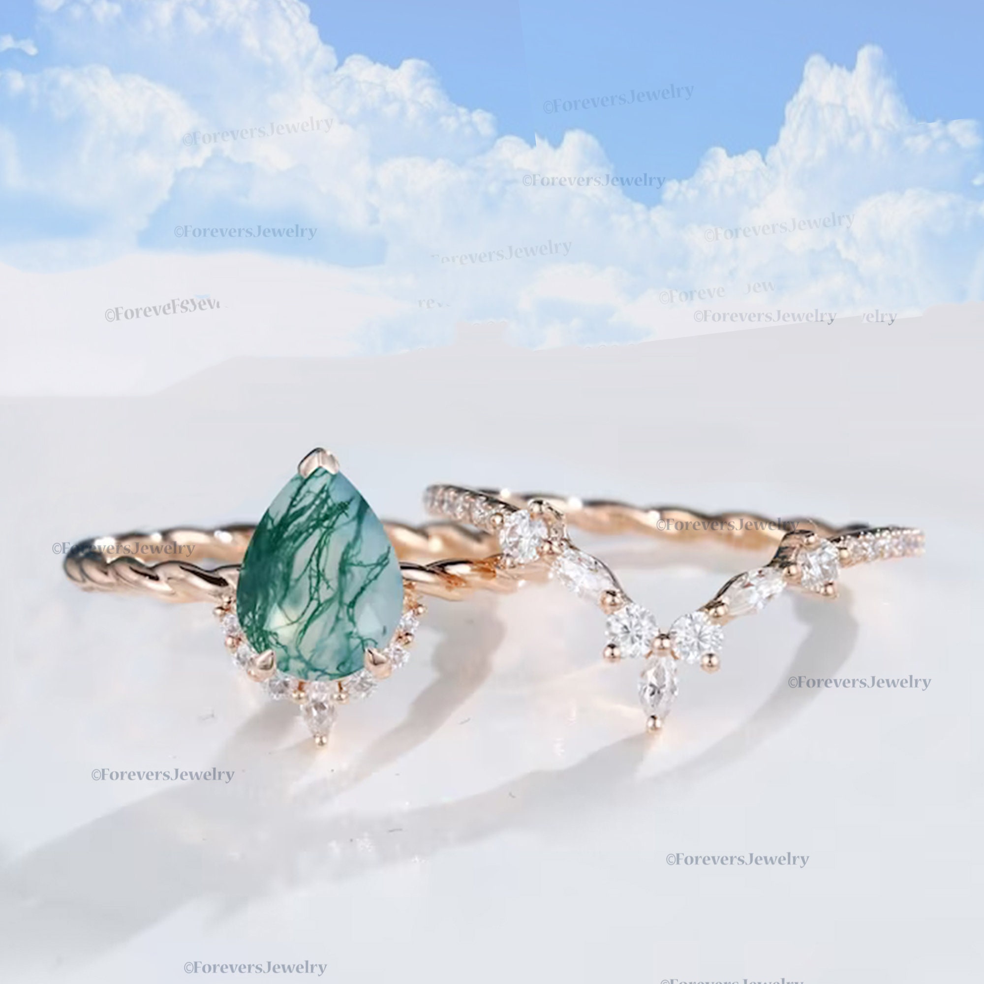 Pear Moss Agate Ring: 14k Gold Wedding Engagement Ring