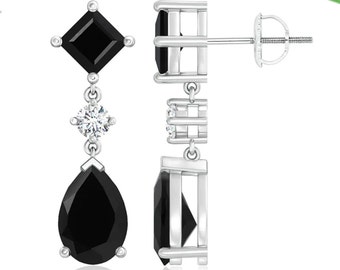 Black Onyx Teardrop Earrings: White Topaz, 925 Sterling Silver